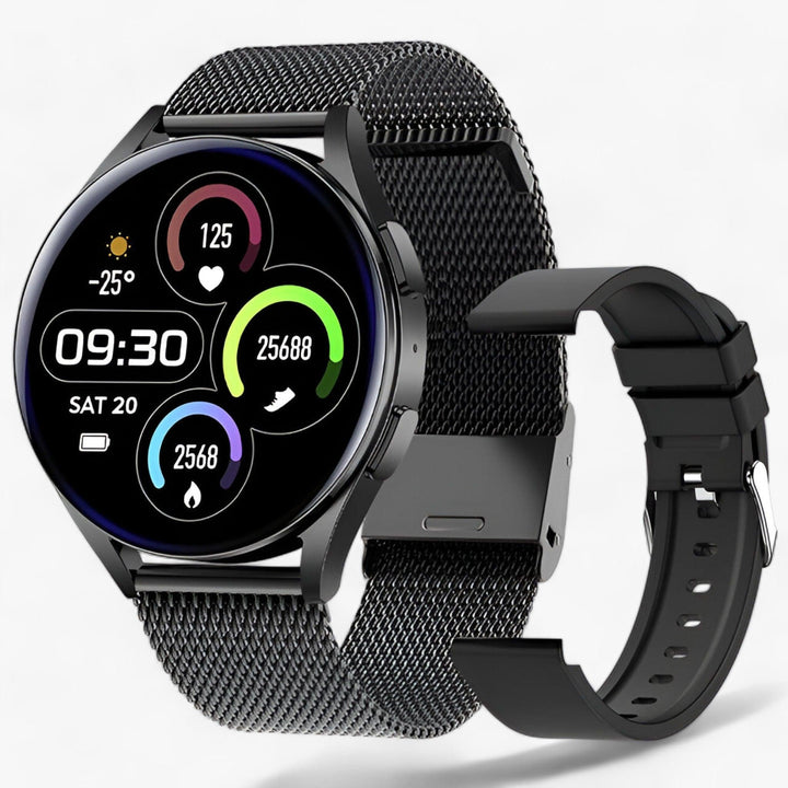 Unisex black Evelyne smartwatch, precisely measuring blood oxygen, heart rate, and steps. Your fitness companion.