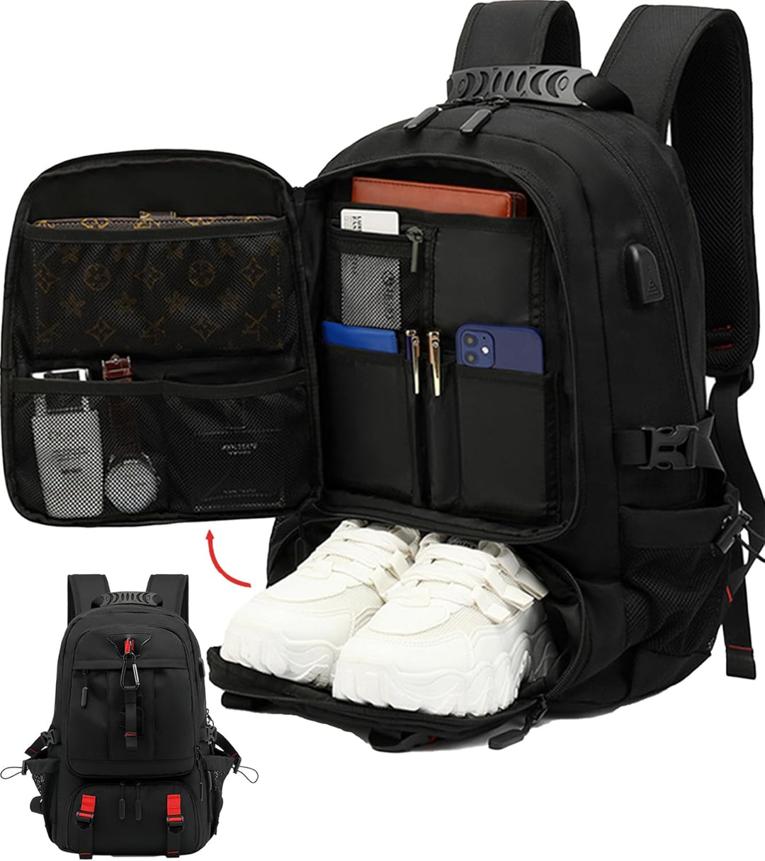Unisex expandable travel backpack with USB charging port, shoe compartment, and laptop sleeve. Ideal carry-on luggage.