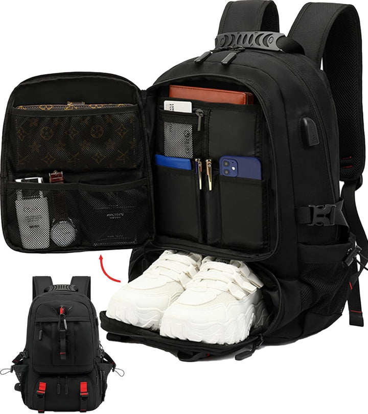 Unisex expandable travel backpack with USB charging port, shoe compartment, and laptop sleeve. Ideal carry-on luggage.