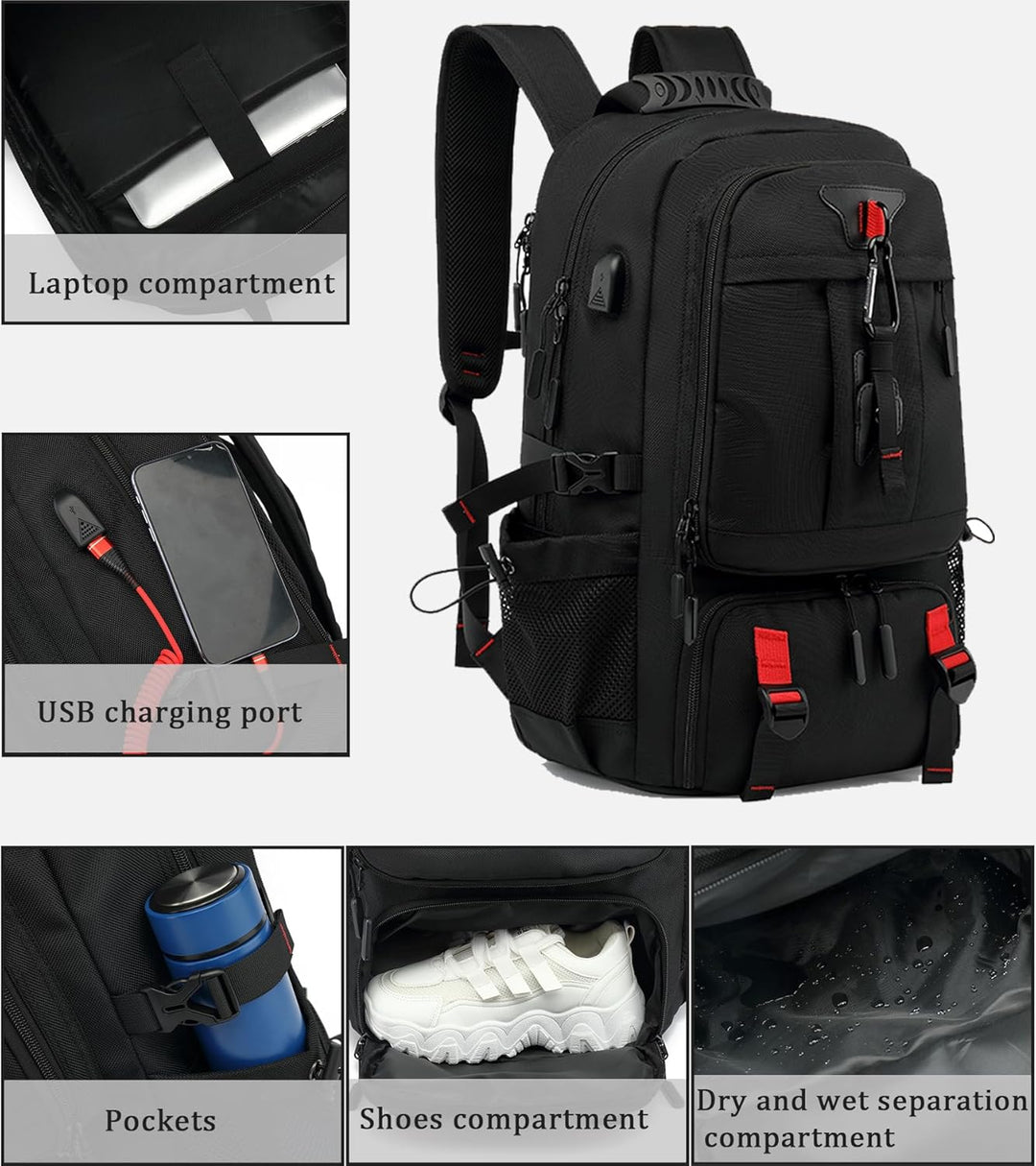 Spacious expandable travel backpack, perfect for men & women, with shoe compartment & multiple pockets for organized packing.