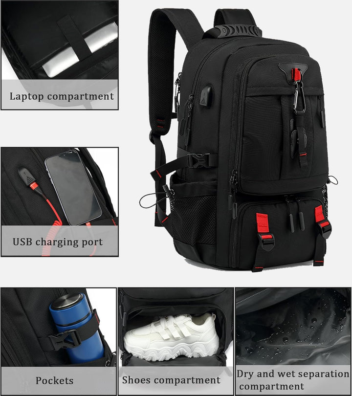 Spacious expandable travel backpack, perfect for men & women, with shoe compartment & multiple pockets for organized packing.