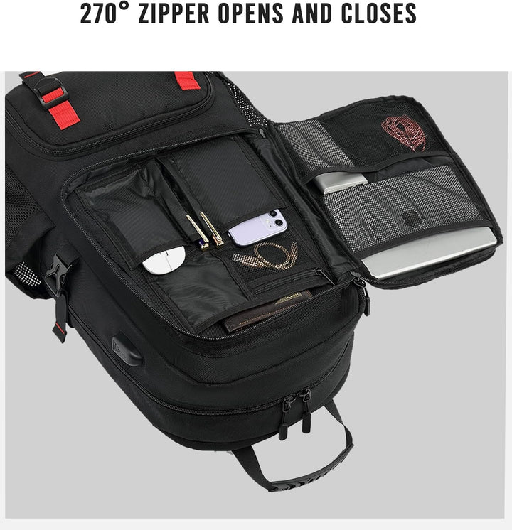 Water-resistant unisex laptop backpack with integrated USB charging for travelers. Durable carry-on luggage with tech features.