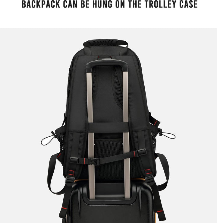 Interior view of the unisex travel backpack showing the padded laptop compartment and built-in USB charging port.