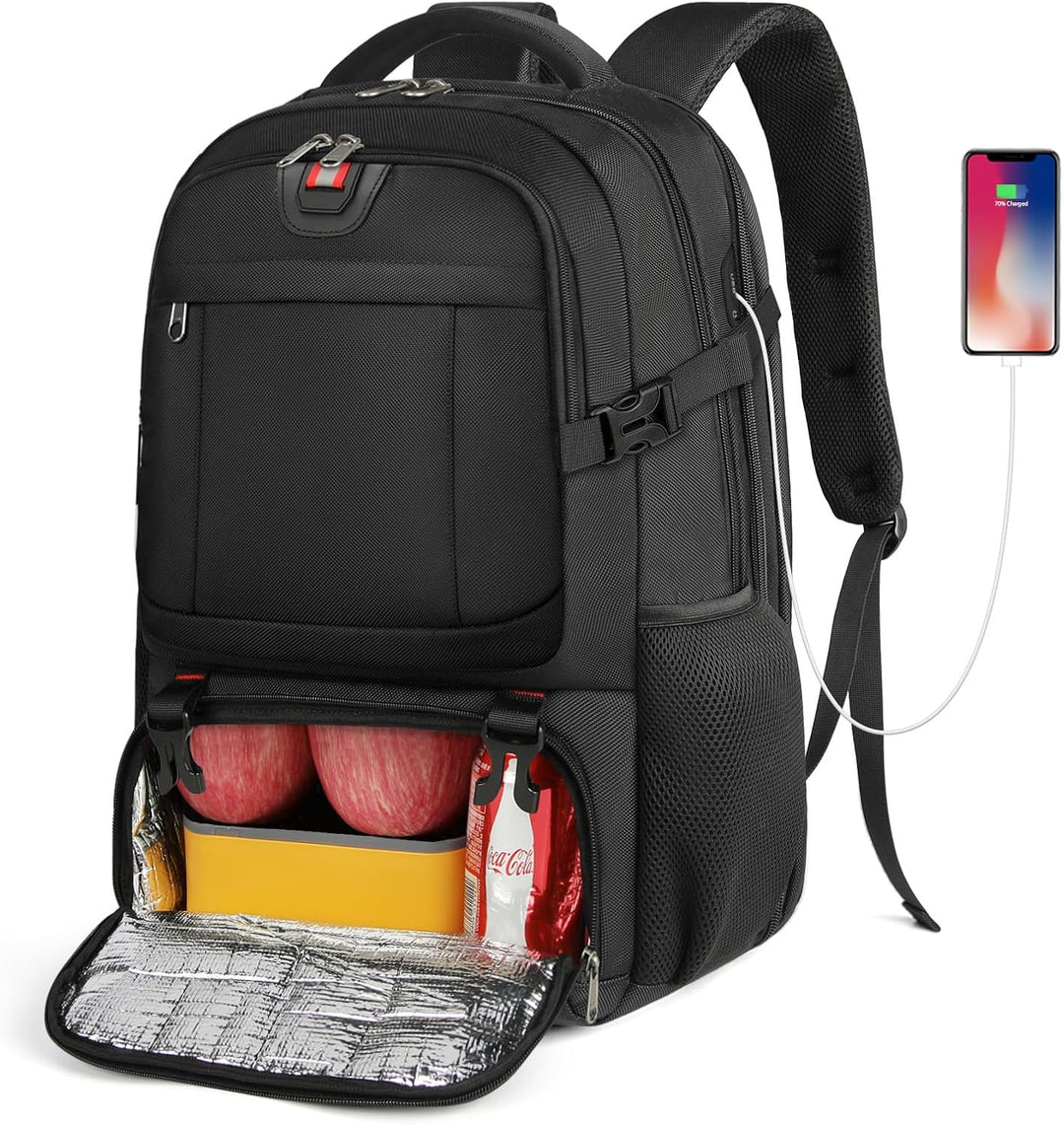 Functional large travel backpack with USB port, insulated cooler, & laptop compartment for organized trips.