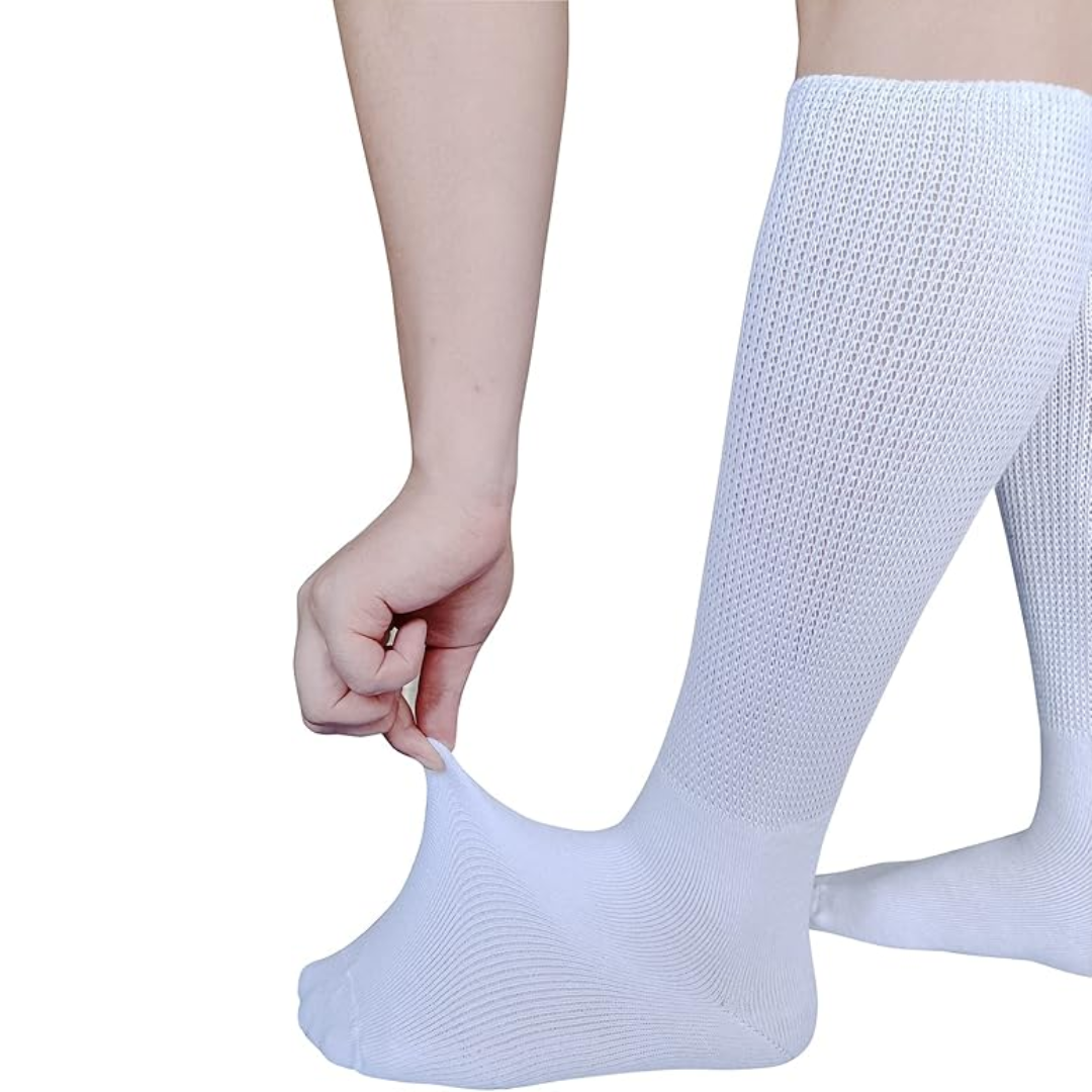 2 pairs of non-binding, extra wide diabetic socks, promoting healthy circulation and foot comfort for swollen feet.