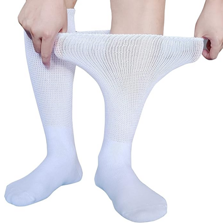 Unisex knee-high comfort socks for diabetics & lymphedema, providing gentle support and edema relief for wide feet.