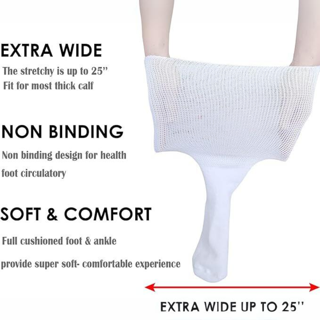 Soft, extra wide socks offering relief for swollen feet, suitable for diabetic, lymphedema, and bariatric needs.