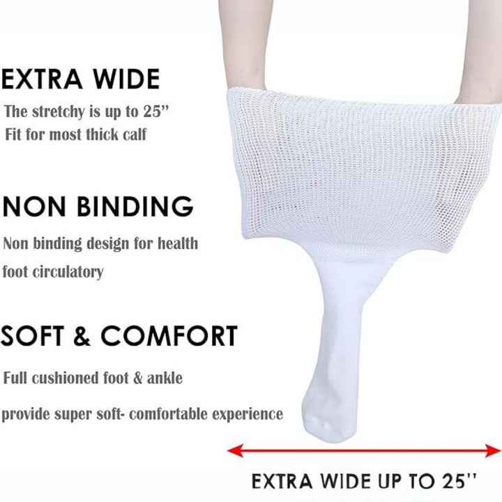 Soft, extra wide socks offering relief for swollen feet, suitable for diabetic, lymphedema, and bariatric needs.