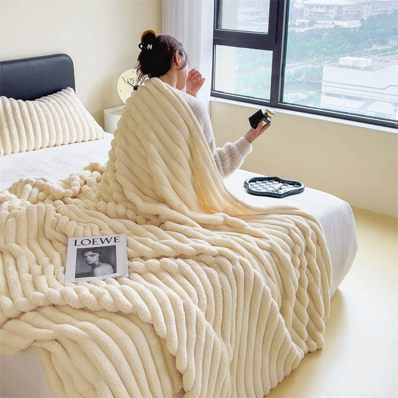 Unisex faux rabbit fur throw blanket unfolded, showcasing its generous size and softness.