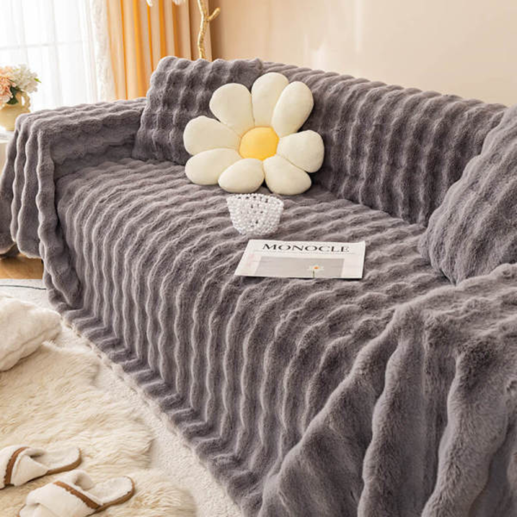 Unisex faux rabbit fur sofa cover, ultra-soft plush couch protector for pets, close-up texture