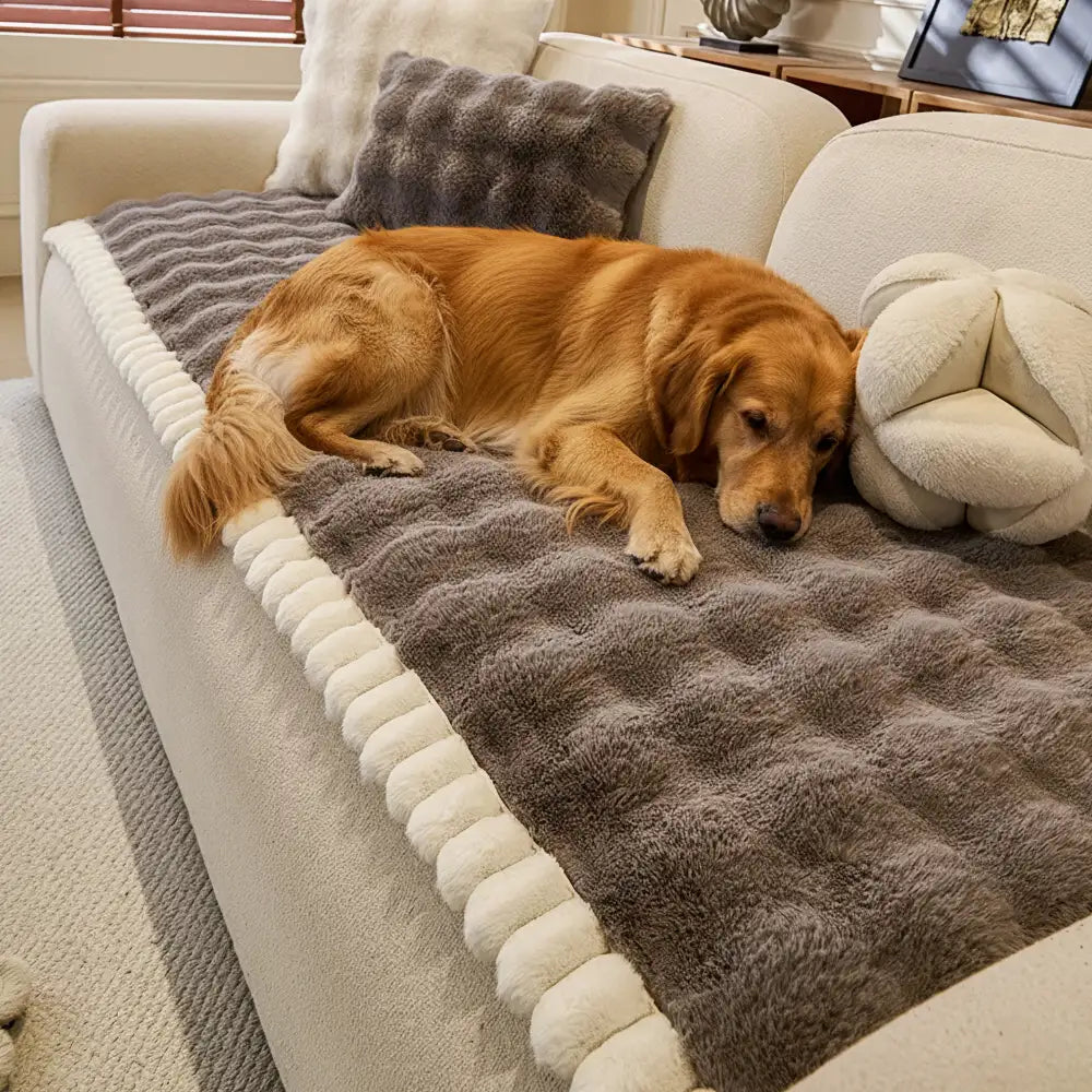 Unisex faux rabbit plush thick non-slip sofa cover in light gray, protects furniture, pet friendly