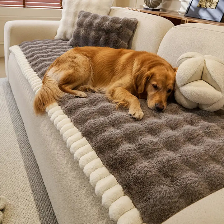 Unisex faux rabbit plush thick non-slip sofa cover in light gray, protects furniture, pet friendly