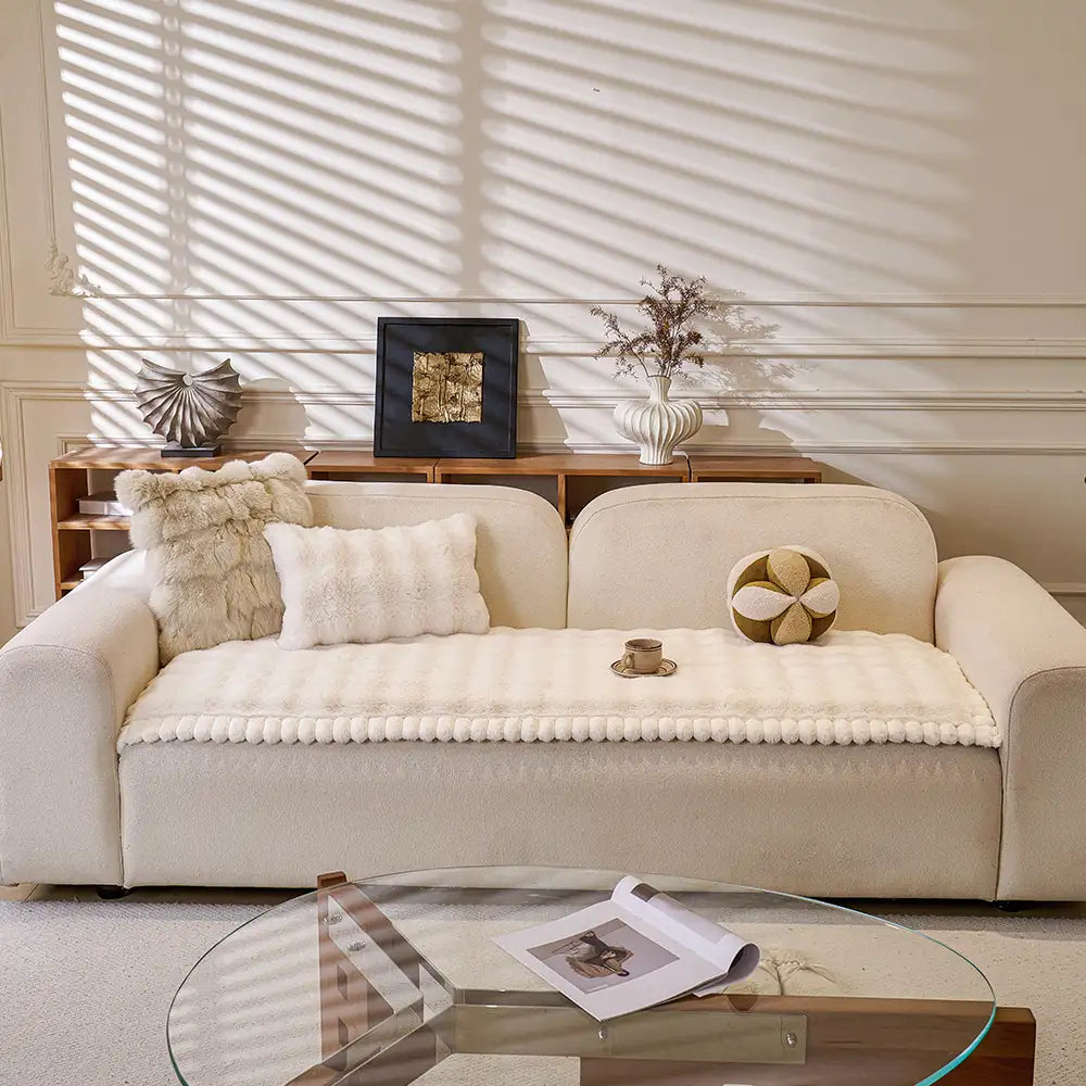 Unisex faux rabbit plush thick non-slip sofa cover on a sectional, pet friendly, soft home decor
