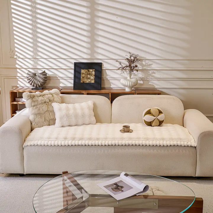 Unisex faux rabbit plush thick non-slip sofa cover on a sectional, pet friendly, soft home decor