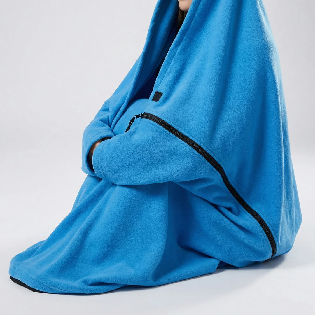 Blue & orange fleece envelope sleeping bag, perfect as a warm liner or standalone for camping & travel.