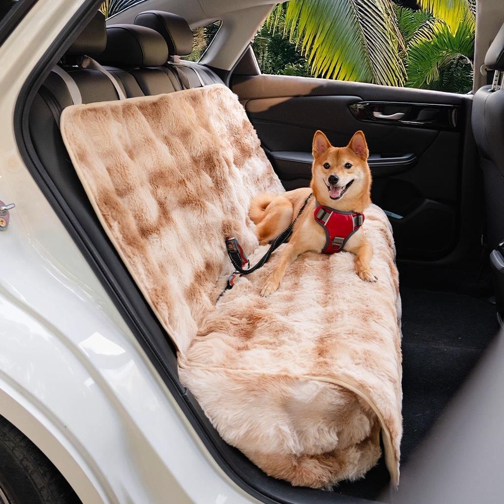 Universal fit pet car seat protector, grey faux fur calming blanket for comfortable pet travel