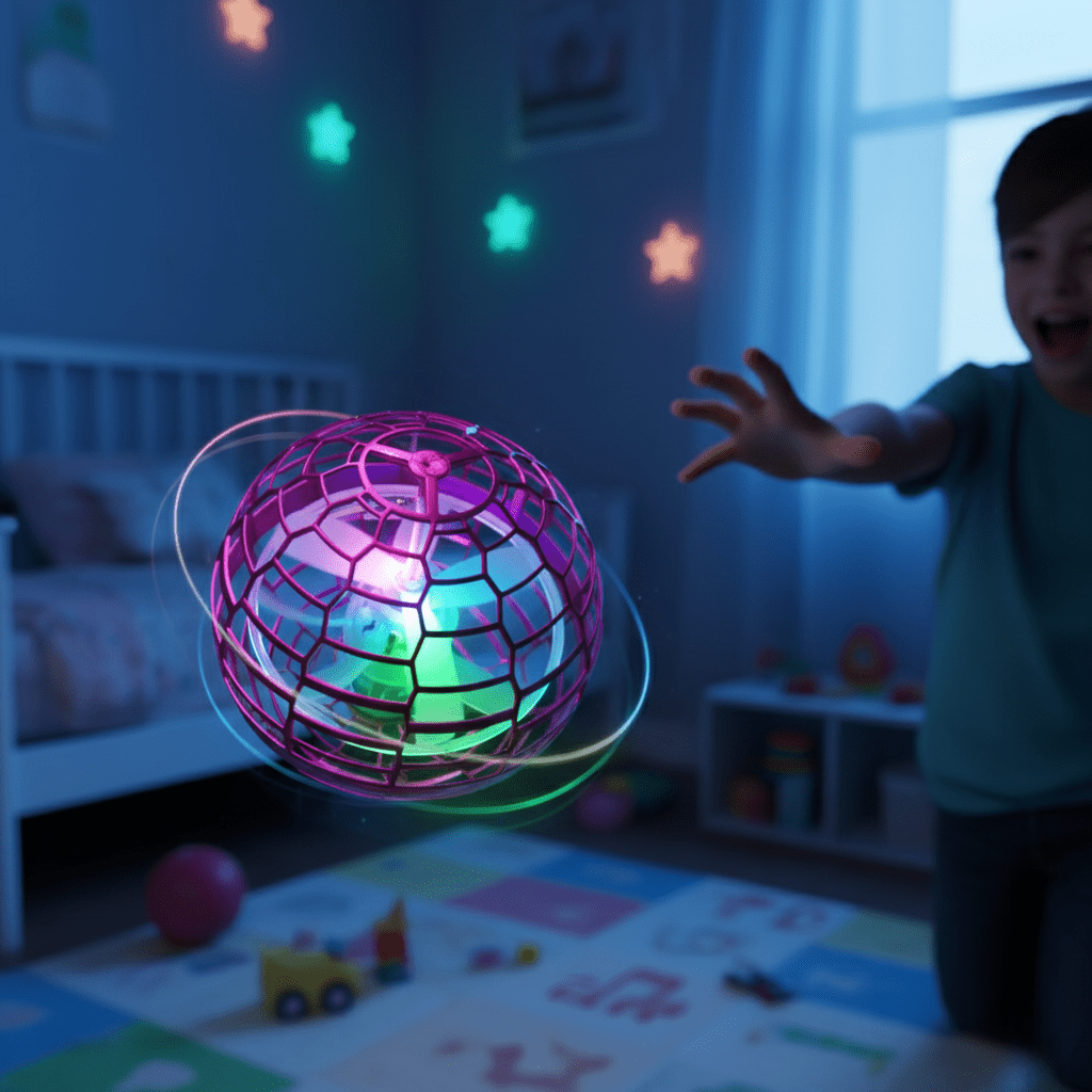 Unisex flying gyroscope toy with dynamic LED lights, hand-controlled for indoor/outdoor fun.
