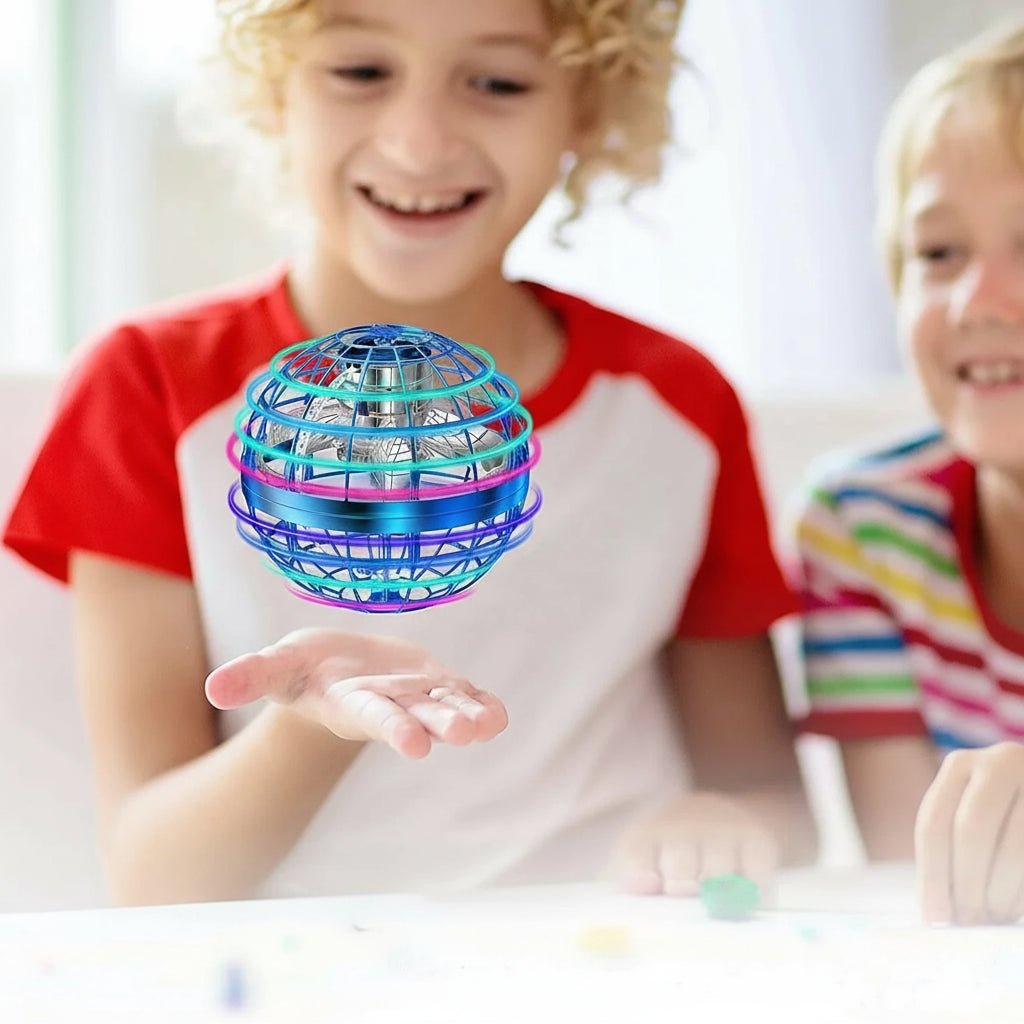 Purple, red, blue LED flying gyroscope toy. Rechargeable, interactive, perfect for indoor/outdoor play.