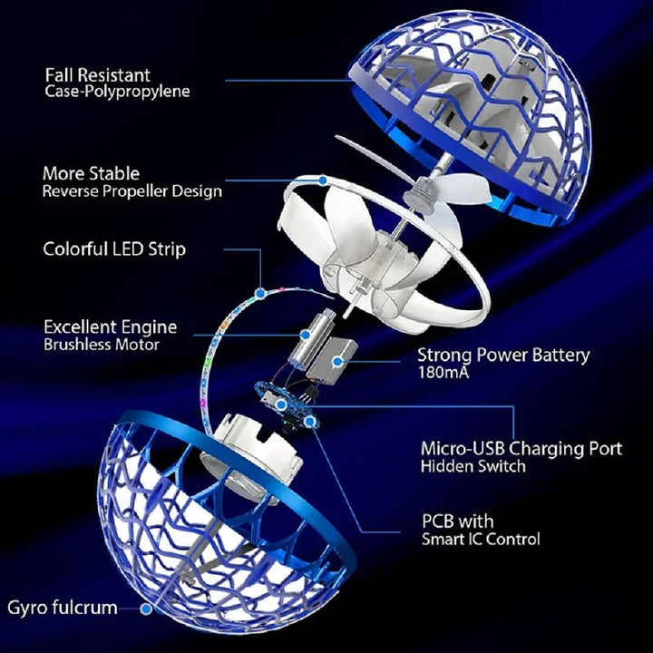 Interactive flying gyroscope toy with bright dynamic LED lights, suitable for kids & adults.