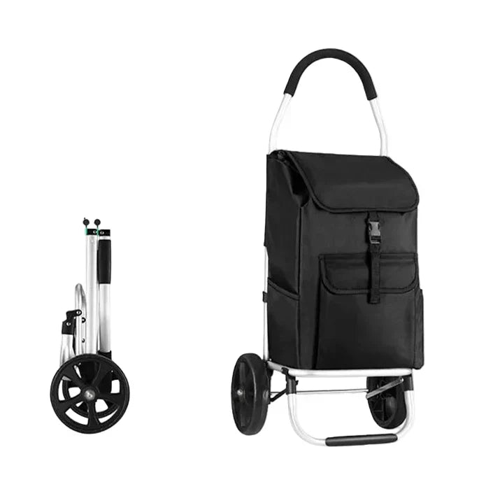 Compact foldable aluminum grocery cart, space-saving design. Ideal portable utility trolley for small storage.