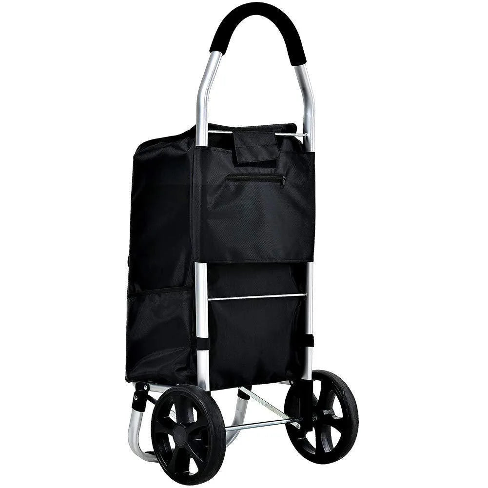 Foldable aluminum shopping trolley with groceries, ideal for daily errands, a lightweight & durable utility cart.