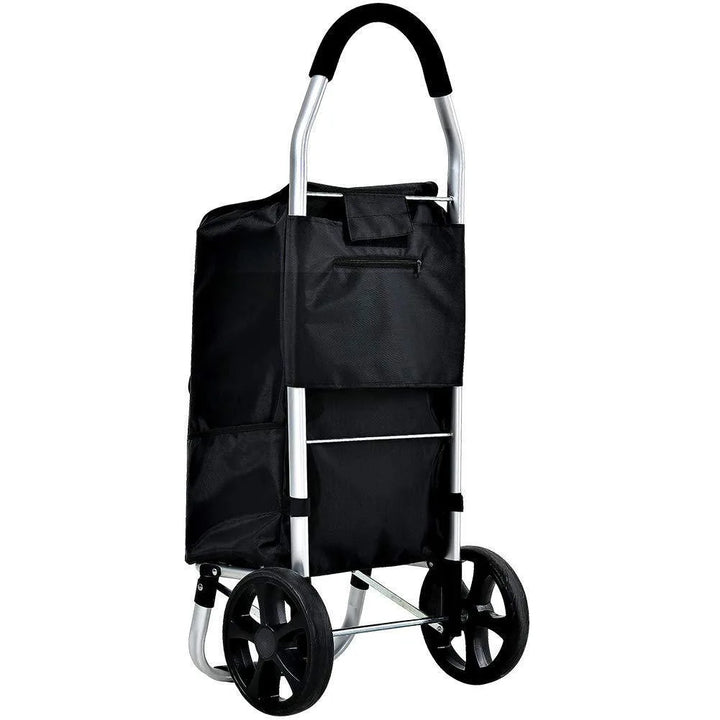 Foldable aluminum shopping trolley with groceries, ideal for daily errands, a lightweight & durable utility cart.