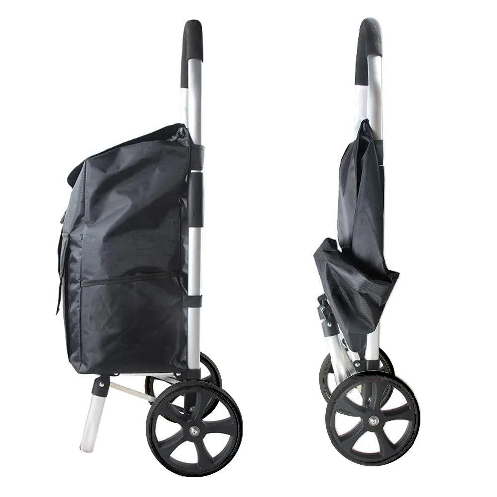 Portable wheeled aluminum shopping cart with ergonomic handle for easy transport of groceries & household items.