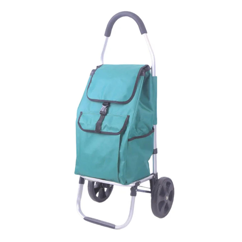 Foldable aluminum grocery trolley, showing compact folded state for easy storage & travel. Lightweight utility cart.