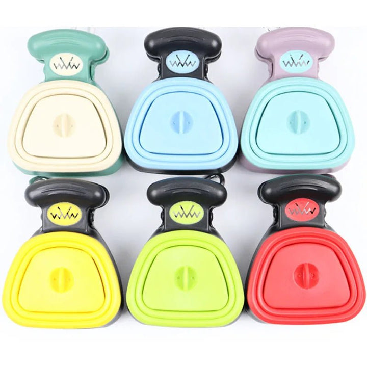 Foldable dog poop scooper, one-handed operation, includes eco-friendly biodegradable waste bags