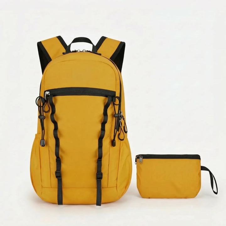Group of friends with cyan foldable daypacks, enjoying a camping trip. Lightweight unisex outdoor adventure gear.