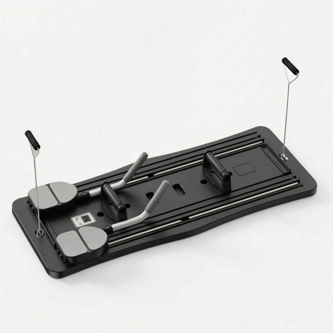 Pilates board in use for core & full body exercises. Foldable & portable design for easy home fitness.