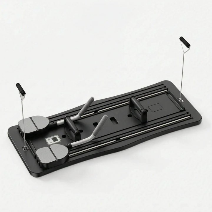 Pilates board in use for core & full body exercises. Foldable & portable design for easy home fitness.