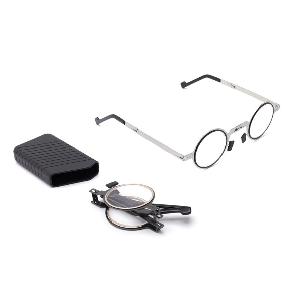 Compact foldable blue light blocking reading glasses for men & women, essential eye protection on-the-go.