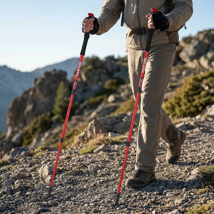 Unisex foldable telescopic trekking poles in silver & black, ready for your next hiking adventure.