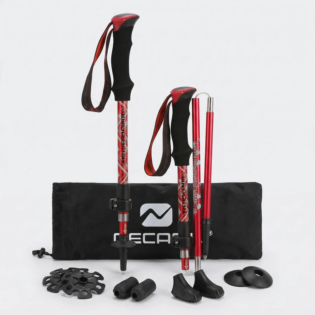Compact, lightweight foldable trekking poles, shown collapsed for easy storage in a backpack.