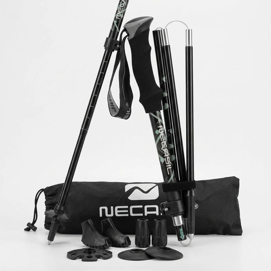 Hiker using adjustable trekking poles on a scenic mountain path, demonstrating stability and support.