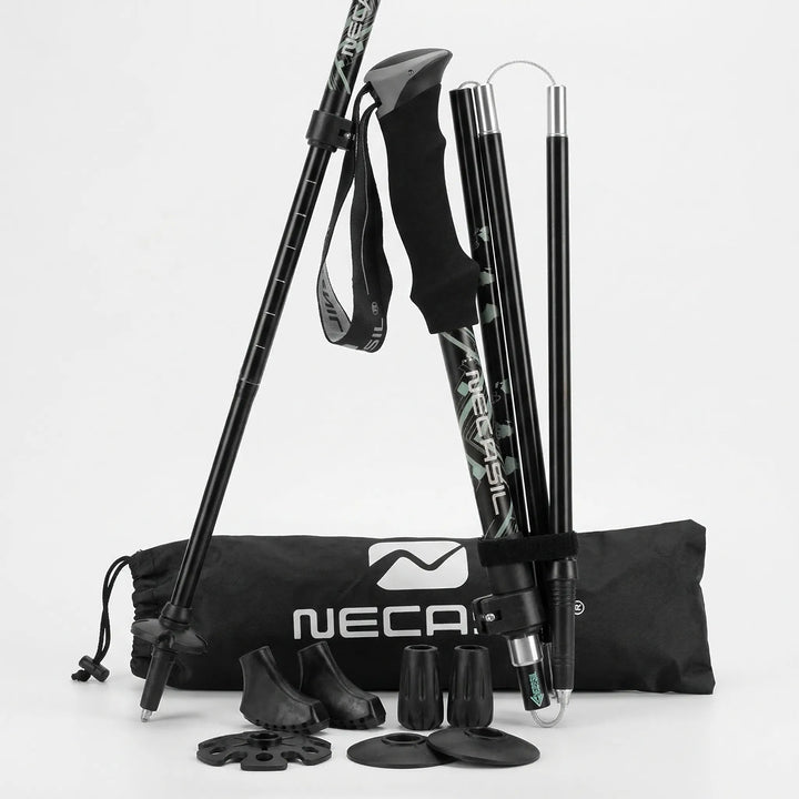 Hiker using adjustable trekking poles on a scenic mountain path, demonstrating stability and support.