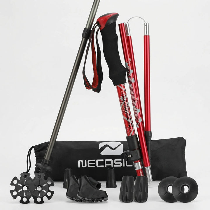 A pair of unisex foldable trekking poles, highlighting their robust yet lightweight design for outdoor gear.