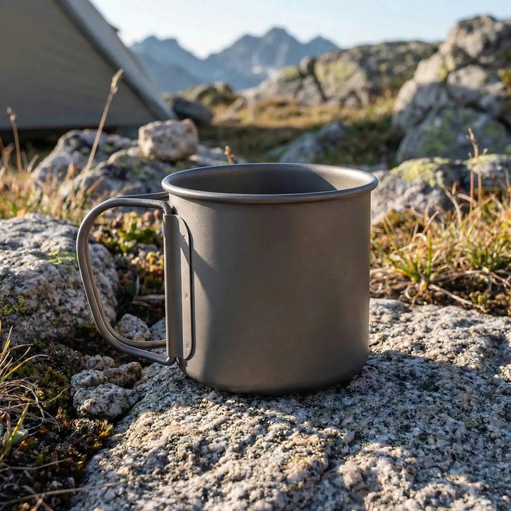 Unisex foldable titanium camping mug with handles extended, perfect for hiking and outdoor backpacking.
