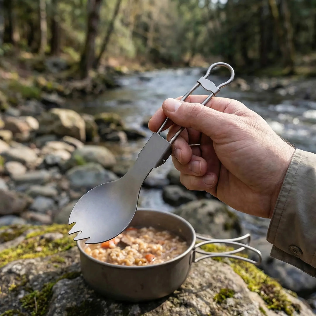 Unisex foldable titanium spork for camping. Lightweight travel utensil for outdoor eating & backpacking.