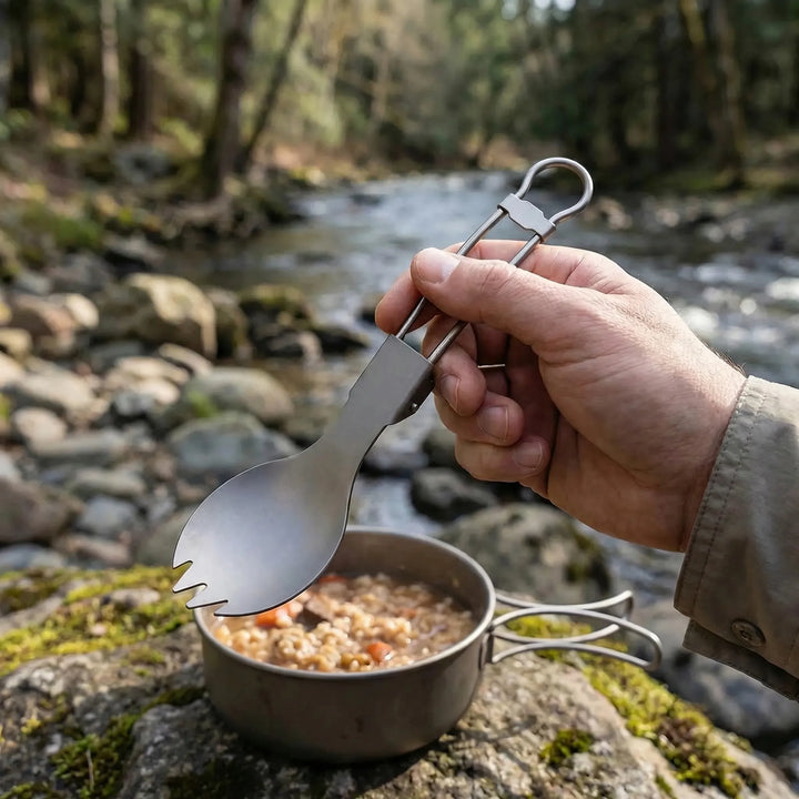 Unisex foldable titanium spork for camping. Lightweight travel utensil for outdoor eating & backpacking.