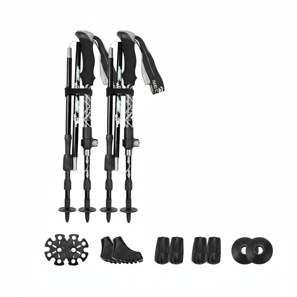Multi-terrain foldable trekking poles, improving stability during trail walking & fitness.