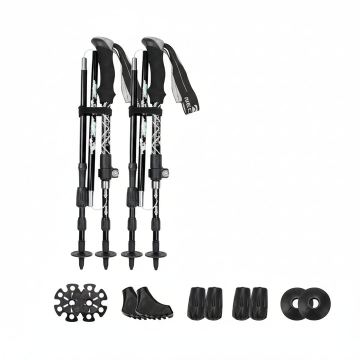 Multi-terrain foldable trekking poles, improving stability during trail walking & fitness.