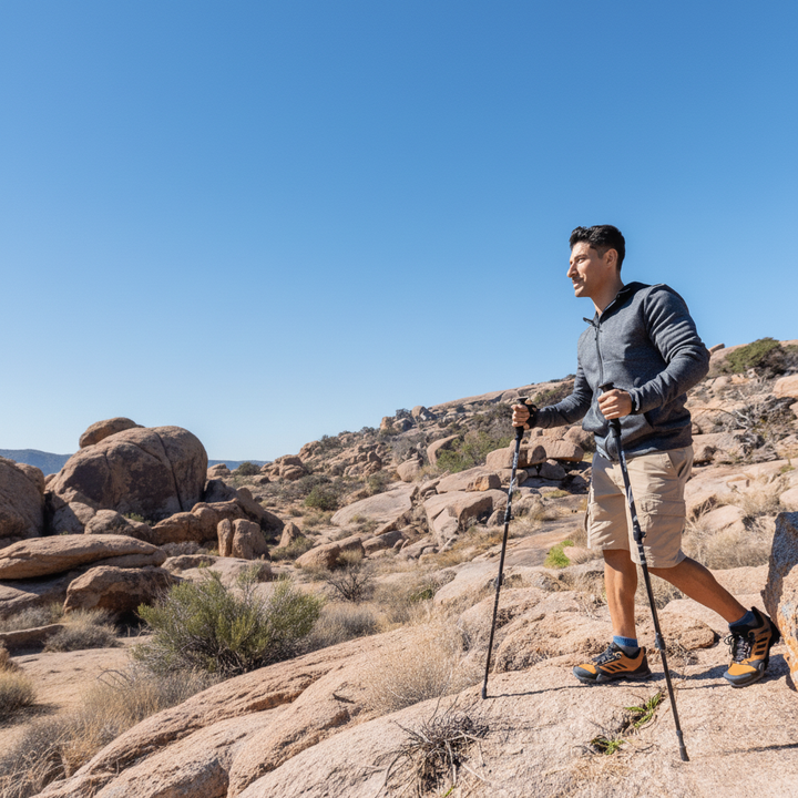 Lightweight adjustable hiking poles, compact for easy travel and storage.