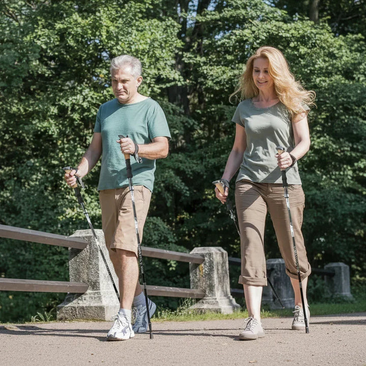 Ergonomic grip foldable hiking poles for comfortable, long-distance trail walking.