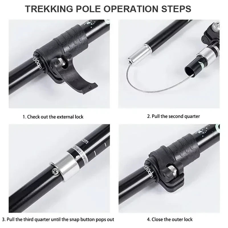 Adjustable trekking poles, designed for diverse terrains, enhancing stability & fitness.