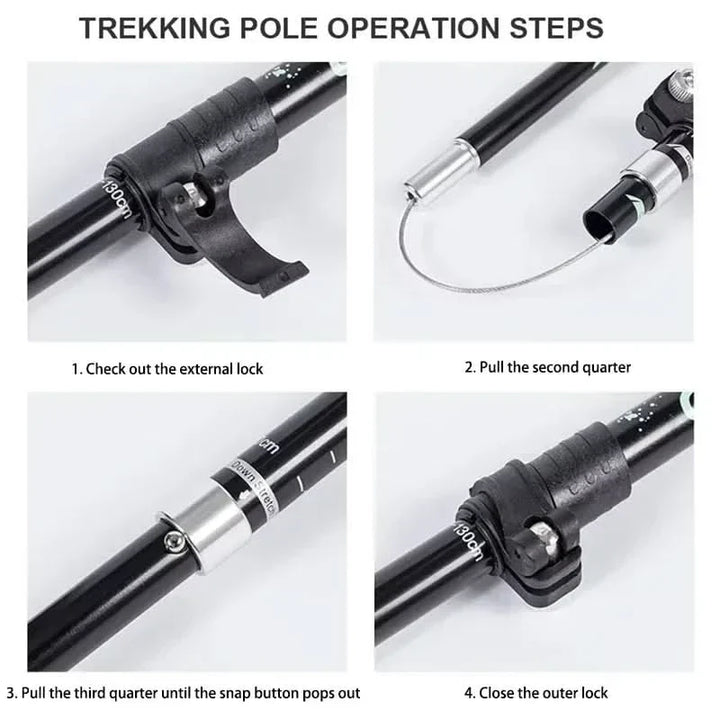 Adjustable trekking poles, designed for diverse terrains, enhancing stability & fitness.