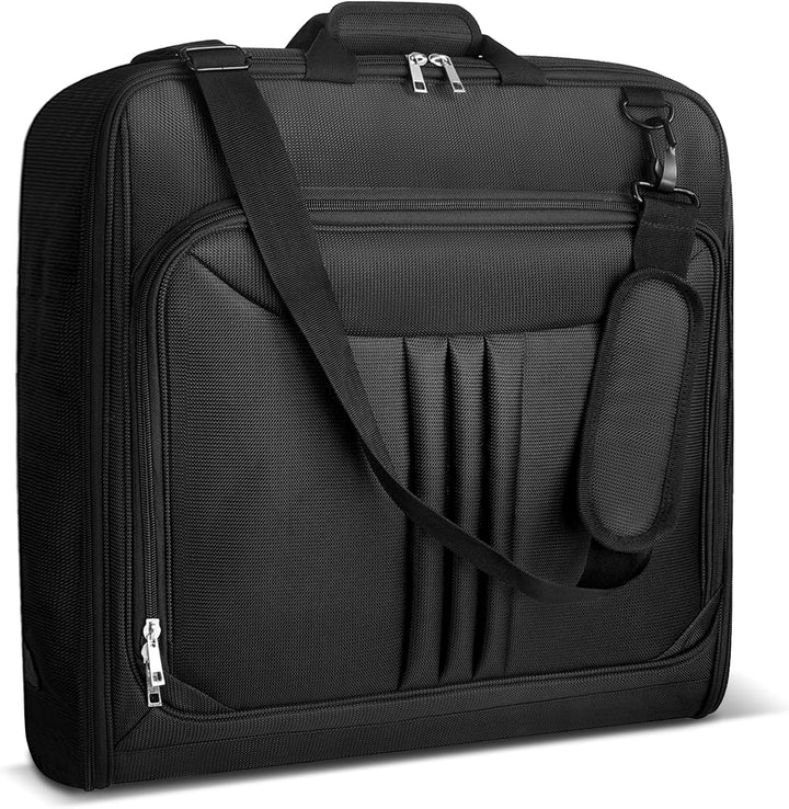 Unisex foldable waterproof carry-on garment bag with strap, ideal for suits, dresses & business trips.