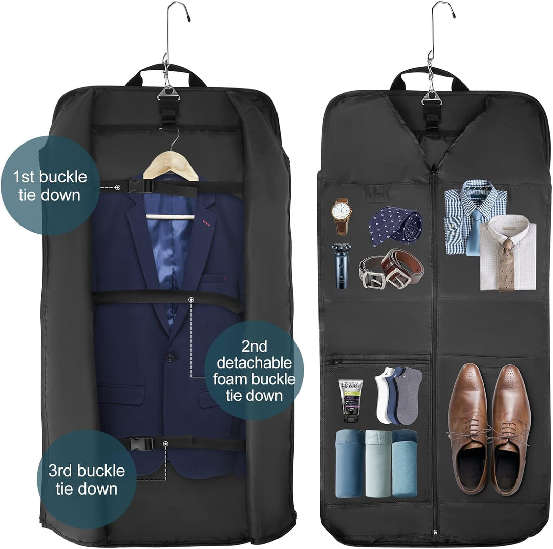 Travel-friendly unisex waterproof garment bag, foldable suit carrier with strap for easy carry-on luggage.