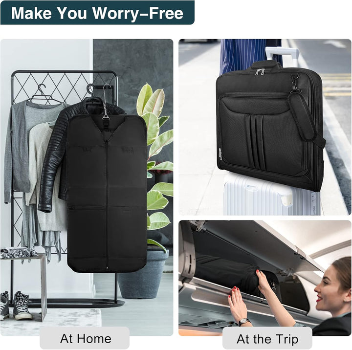 Waterproof garment bag for travel. Foldable design, with strap, perfect carry-on for suits, dresses & attire.